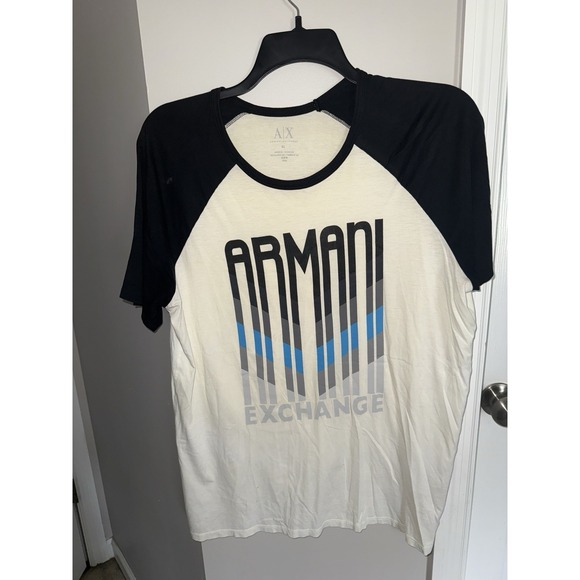 Men's White Armani Exchange T-shirt With Blue And Black Logo - Picture 1 of 3